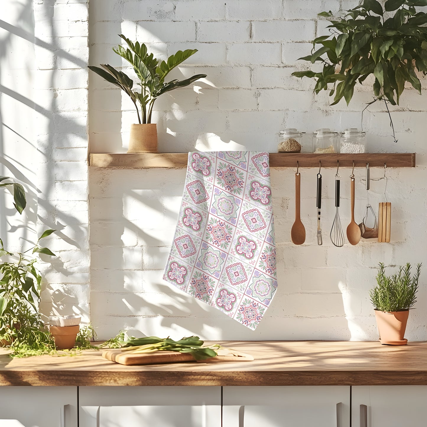 Floral Tile Pattern Tea Towel — Pastel Tile Kitchen Towel