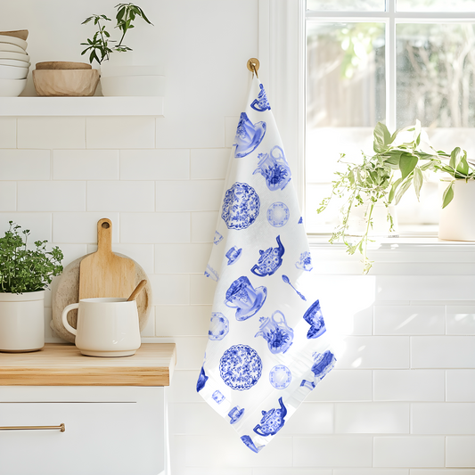 Blue China Pattern Tea Towel — Vintage Teapot & Teacup Kitchen Towel
