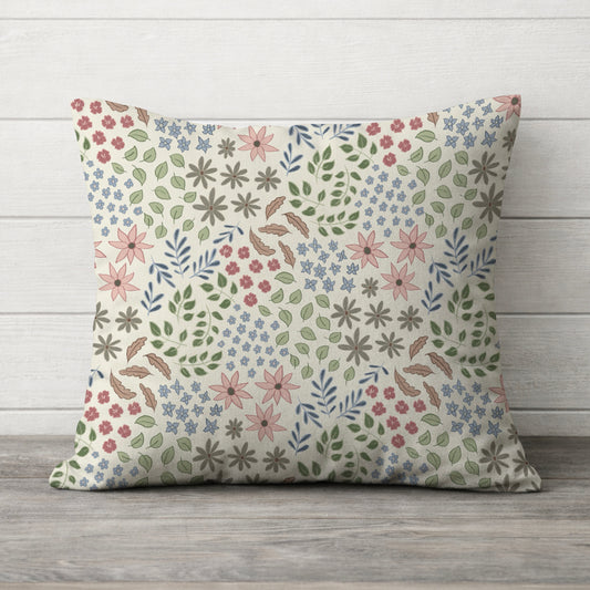 Floral Meadow Decorative Pillow — Pastel Garden Pattern Square Throw Pillow