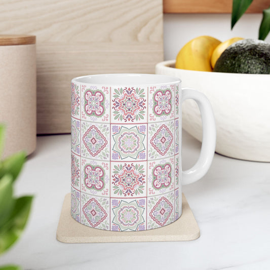 Floral Harmony Tile Pattern Ceramic Mug 11oz