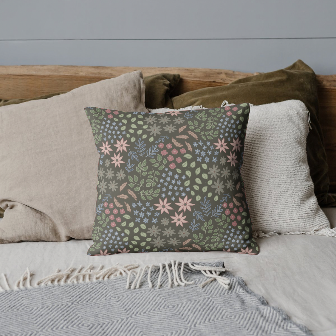 Floral Garden Square Pillow — Dark Botanical Pattern Decorative Throw Pillow