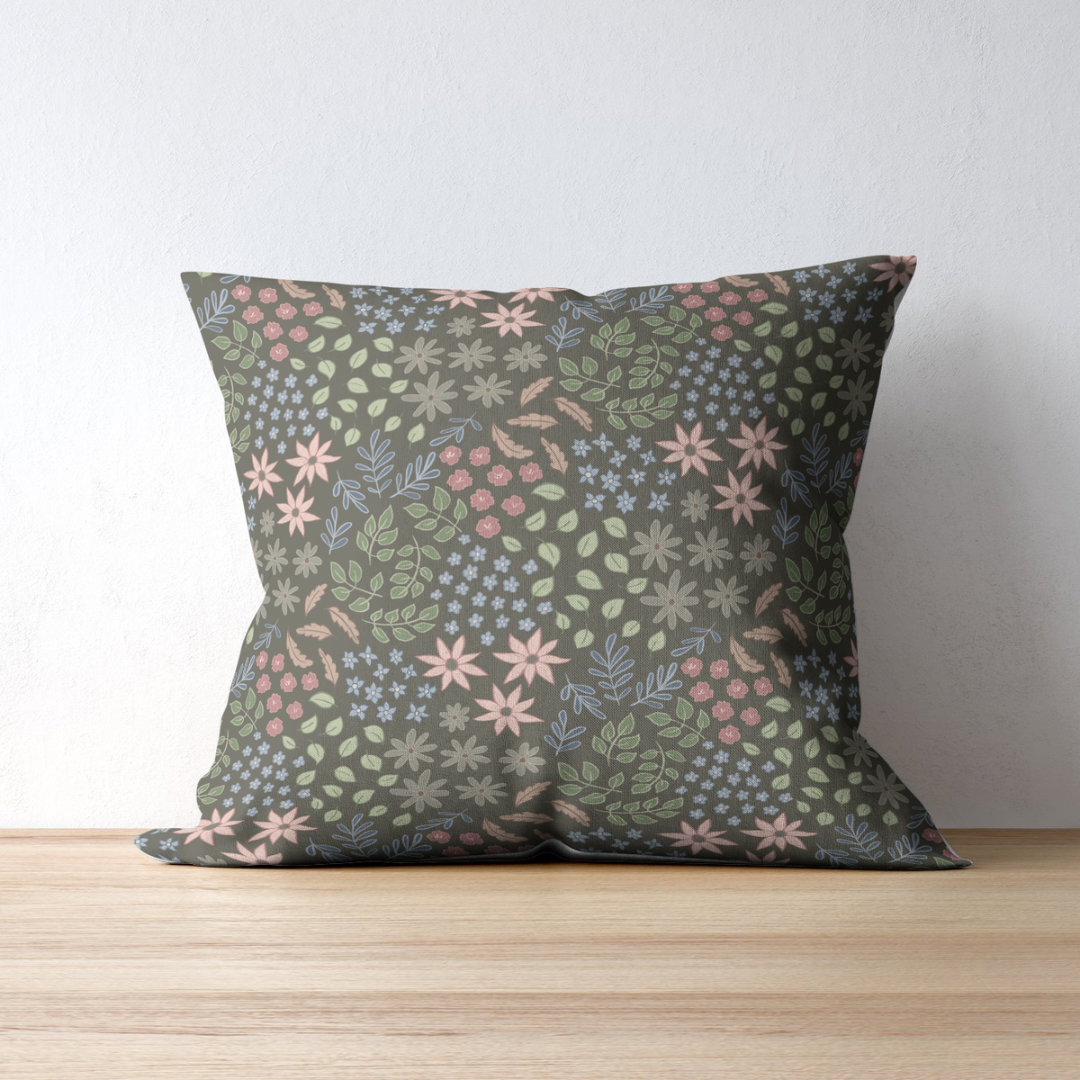 Floral Garden Square Pillow — Dark Botanical Pattern Decorative Throw Pillow