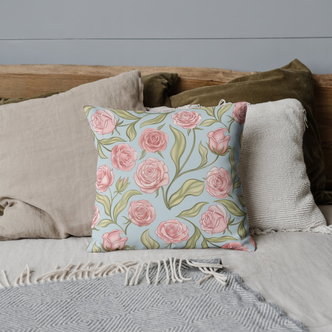 Pastel Pink and Blue Roses Cushion Cover — Decorative Square Throw Cushion Cover