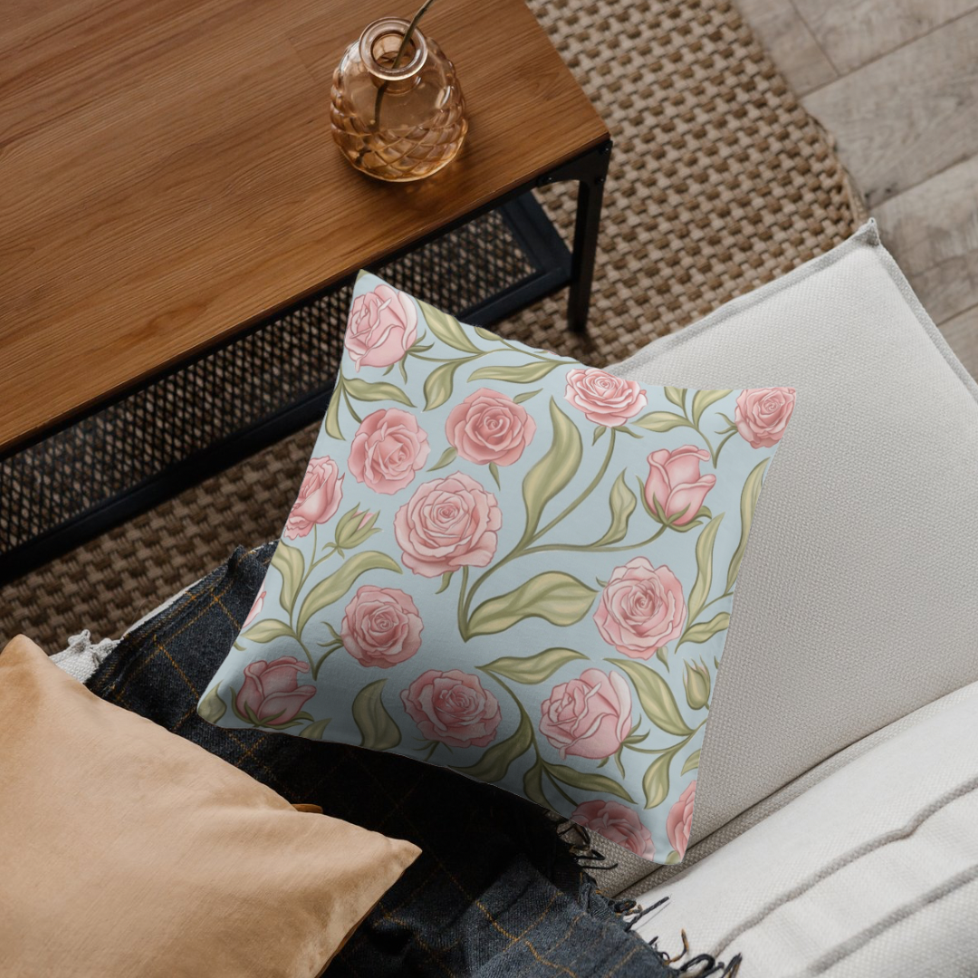 Pastel Pink and Blue Roses Cushion Cover — Decorative Square Throw Cushion Cover
