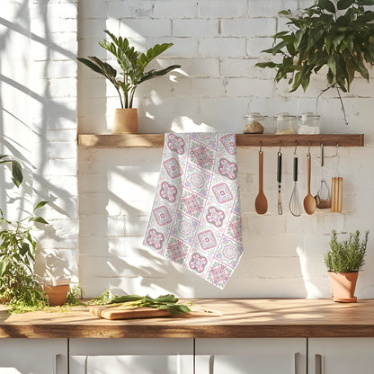 Floral Tile Pattern Tea Towel — Pastel Tile Kitchen Towel
