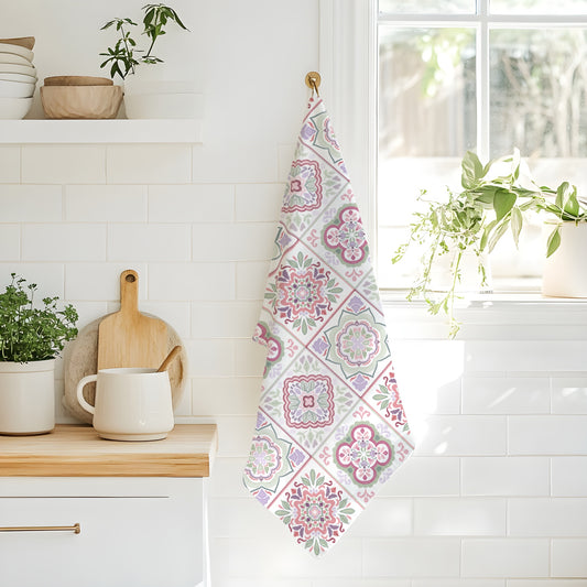 Floral Tile Pattern Tea Towel — Pastel Tile Kitchen Towel