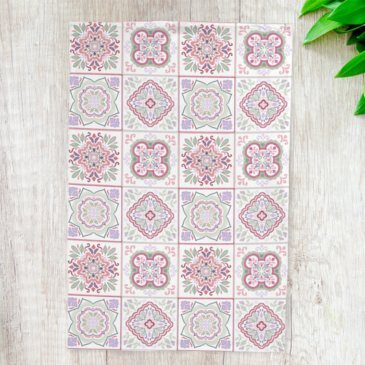 Floral Tile Pattern Tea Towel — Pastel Tile Kitchen Towel