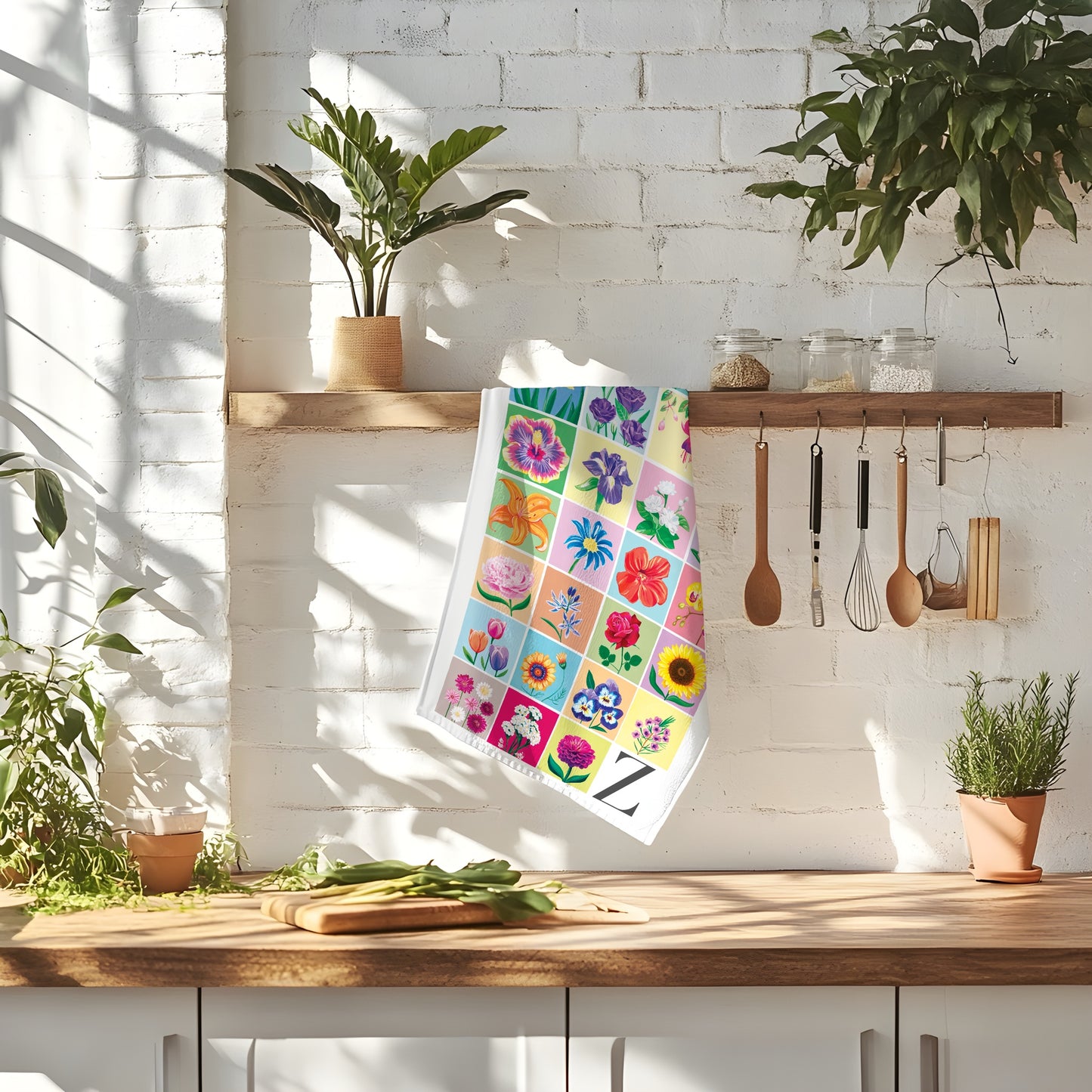 Floral Alphabet Tea Towel – Monogram A–Z Cotton Kitchen Towel