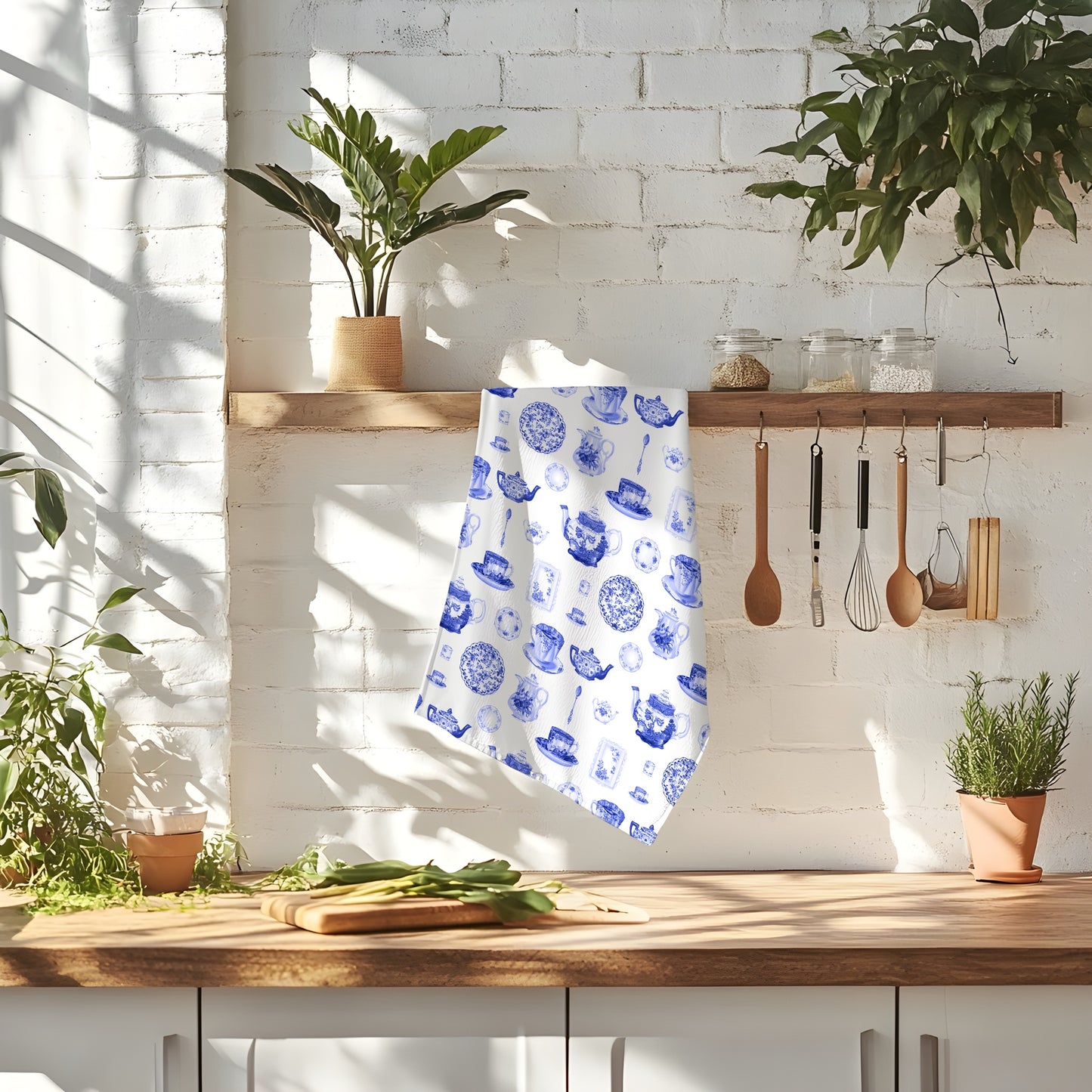 Blue China Pattern Tea Towel — Vintage Teapot & Teacup Kitchen Towel