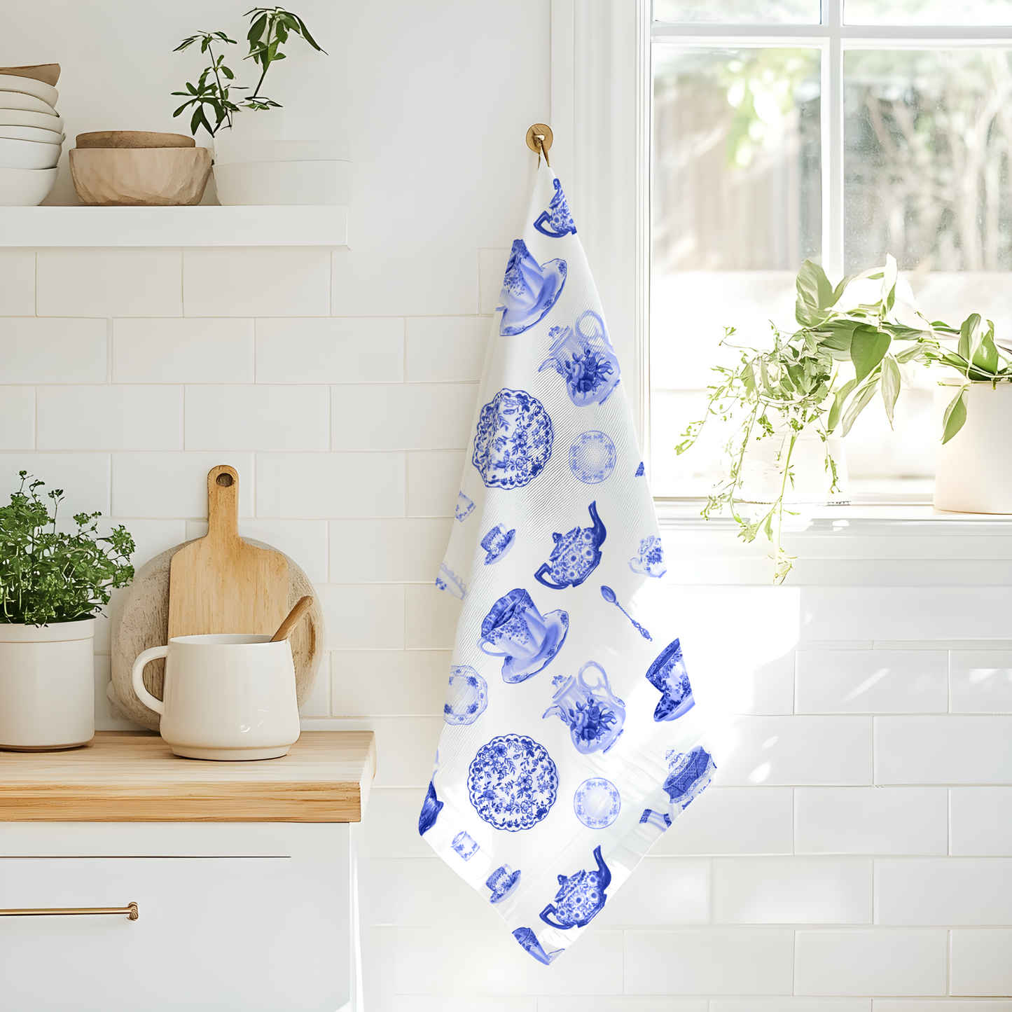 Blue China Pattern Tea Towel — Vintage Teapot & Teacup Kitchen Towel