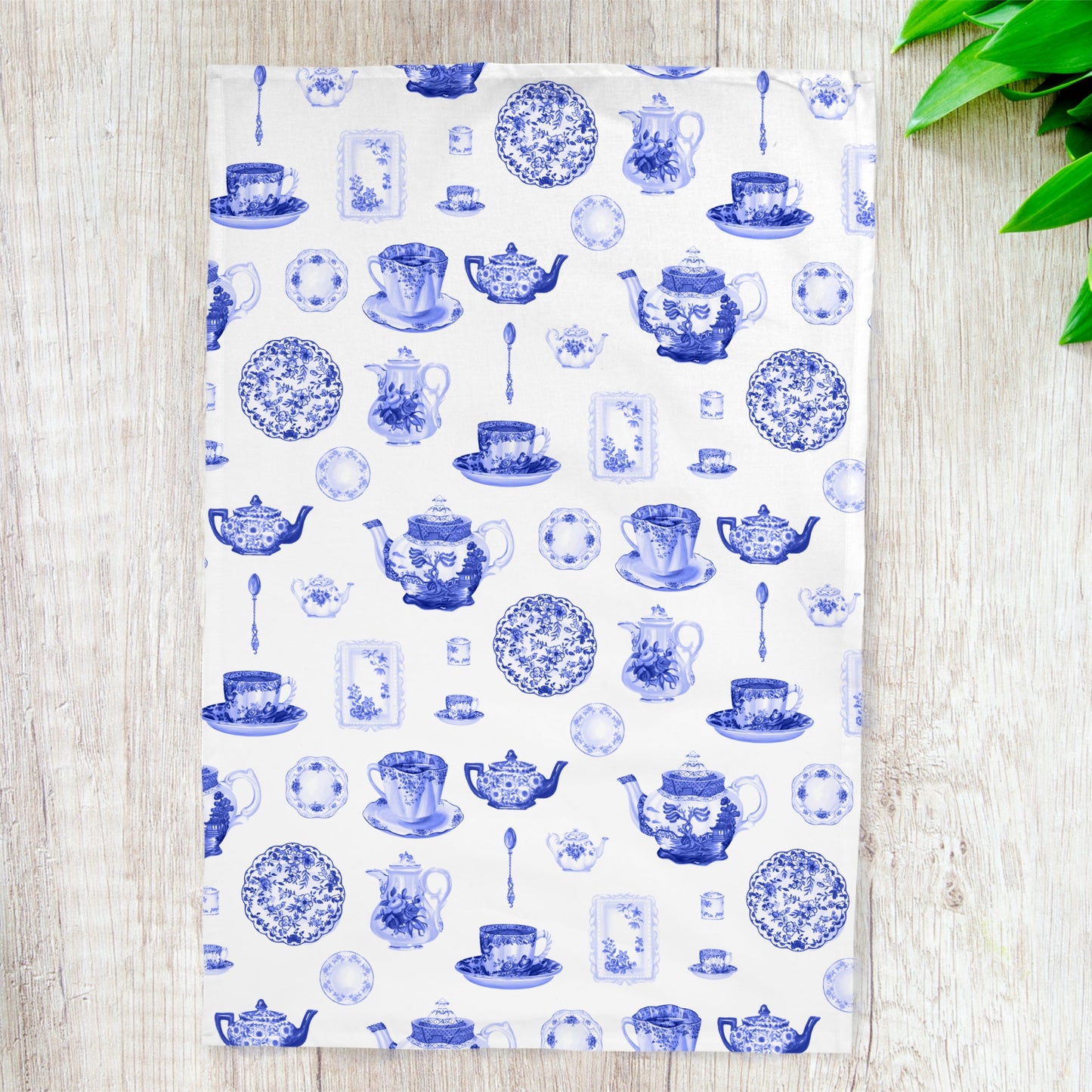 Blue China Pattern Tea Towel — Vintage Teapot & Teacup Kitchen Towel