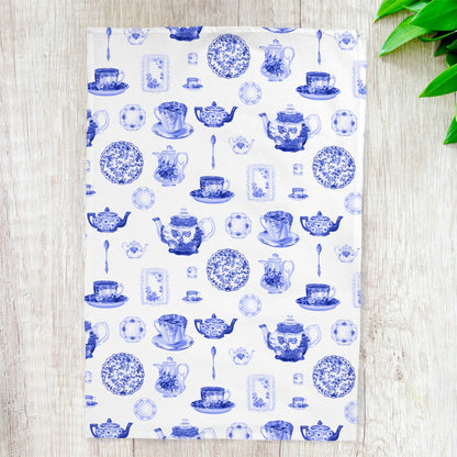 Blue China Pattern Tea Towel — Vintage Teapot & Teacup Kitchen Towel
