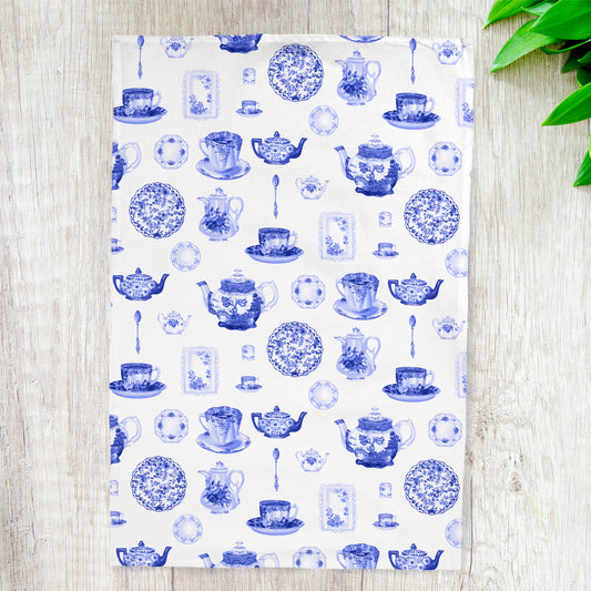 Blue China Pattern Tea Towel — Vintage Teapot & Teacup Kitchen Towel
